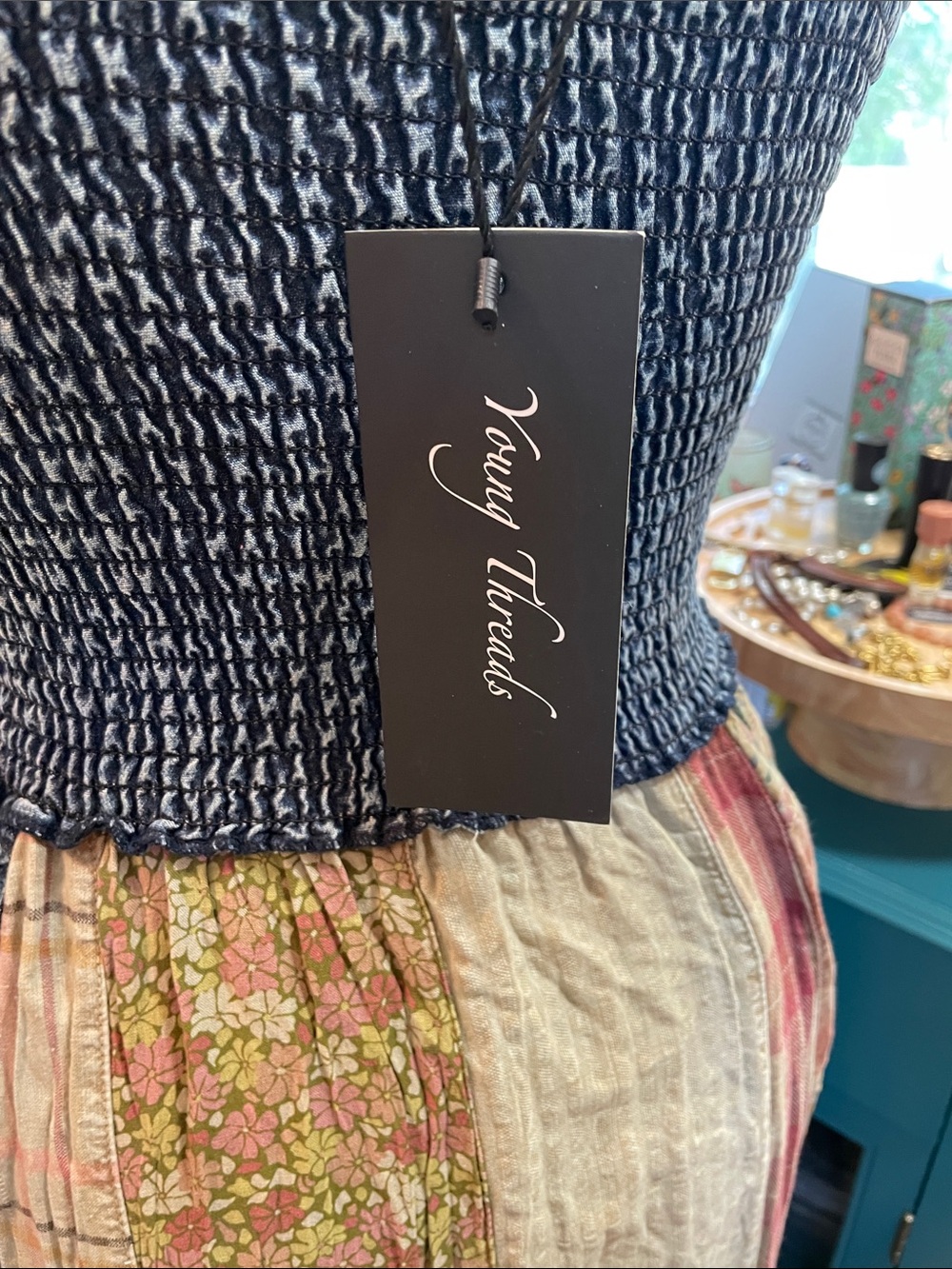 Smocked Denim Bohemian Patchwork Midi Dress in Blue Young Threads - Picture 3 of 17